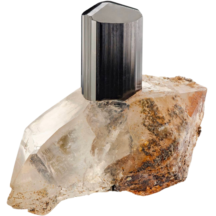 A single crystal of black tourmaline protruding from a quartz