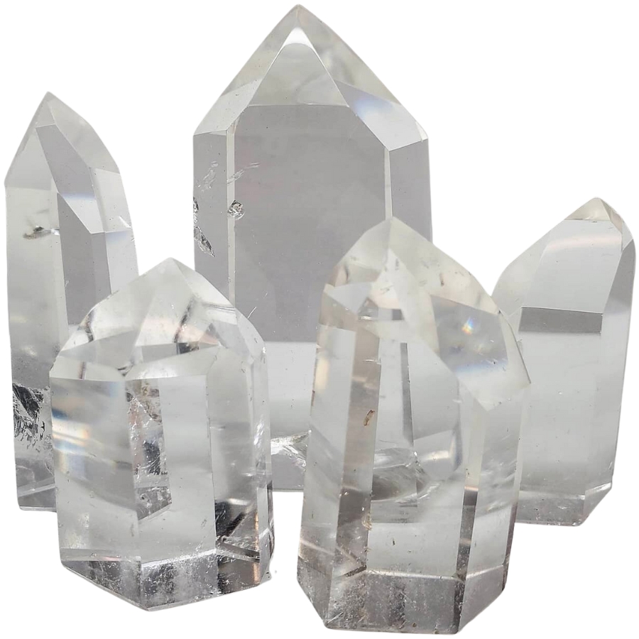 Five pieces of clear quartz towers
