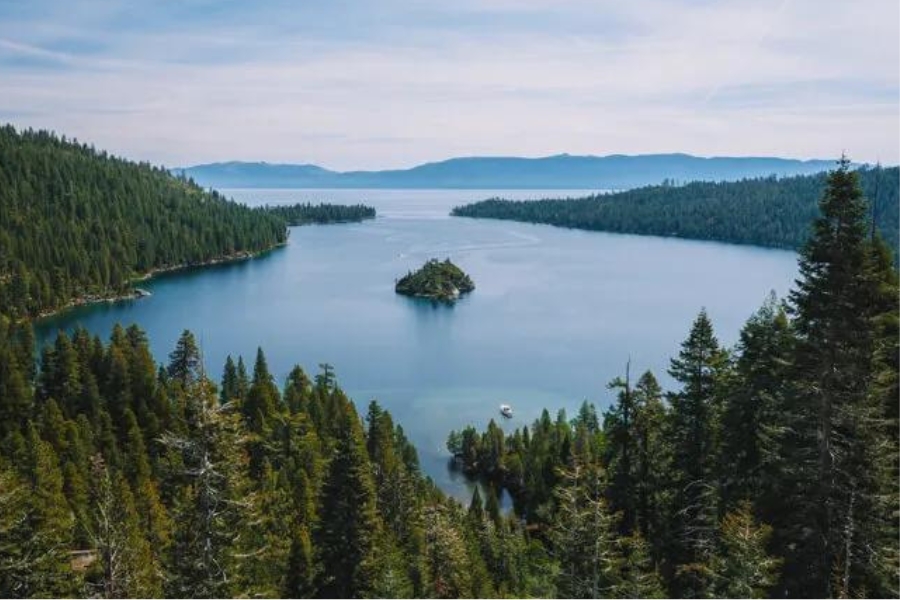 A stunning view of Lake Tahoe from Emerald Bay with the historic and iconic tiny island in the middle