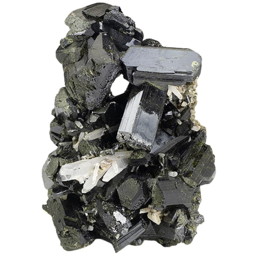 A mesmerizing epidote specimen with dark olive green and metallic silver hues 