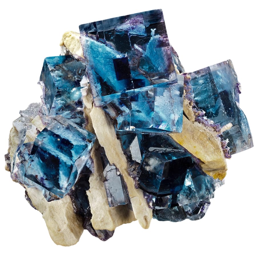 A stunning blue and purple cubic fluorite specimen