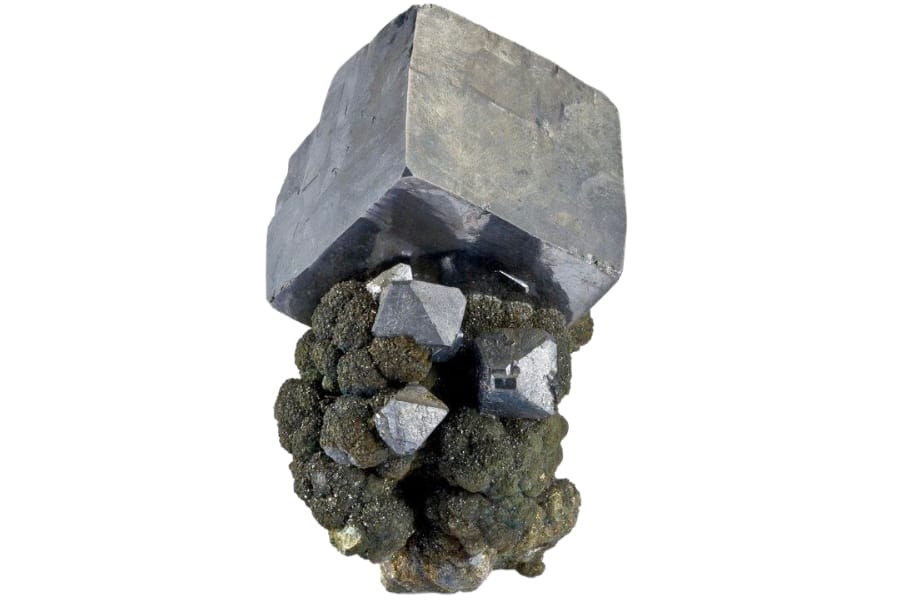 A cubic and octahedral galena on a matrix of brassy marcasite