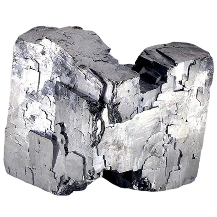 A distinct irregular shaped galena crystal with shiny silver and black hues