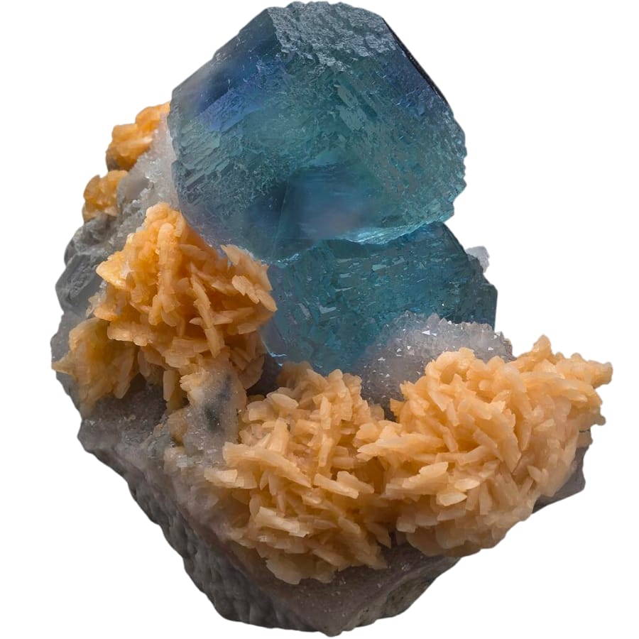 Orange dolomite crystals and big blue fluorite with hints of purple and green