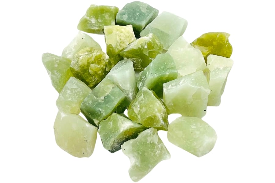 Many pieces of raw jade in different intensities of green hue