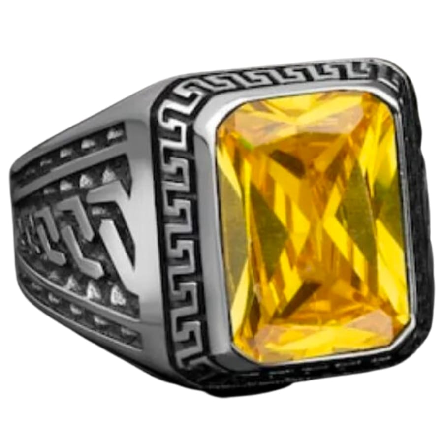 A lustrous yellow topaz set as center stone of a sterling ring