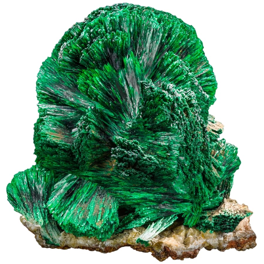 Beautiful, vibrant fibers of green malachite on a matrix