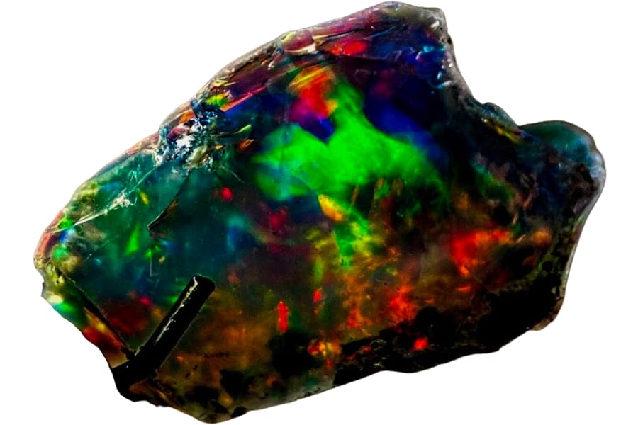 A stunning piece of black opal showing flashes of vibrant rainbow hues