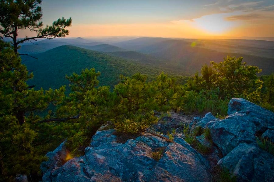 Beautiful overlooking view of the Ouachita Mountains at sunrise
