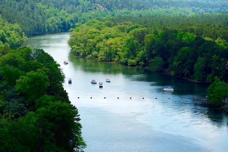 Aerial view of the stretch of the Ouachita River and its surrounding thick forest