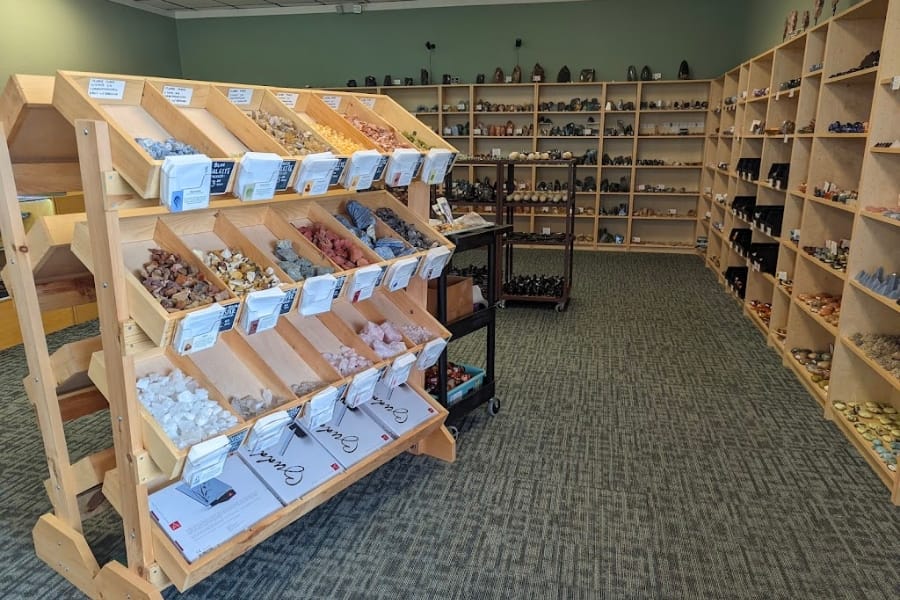 A look at the shelving and some of the available rocks and minerals at Pebble House