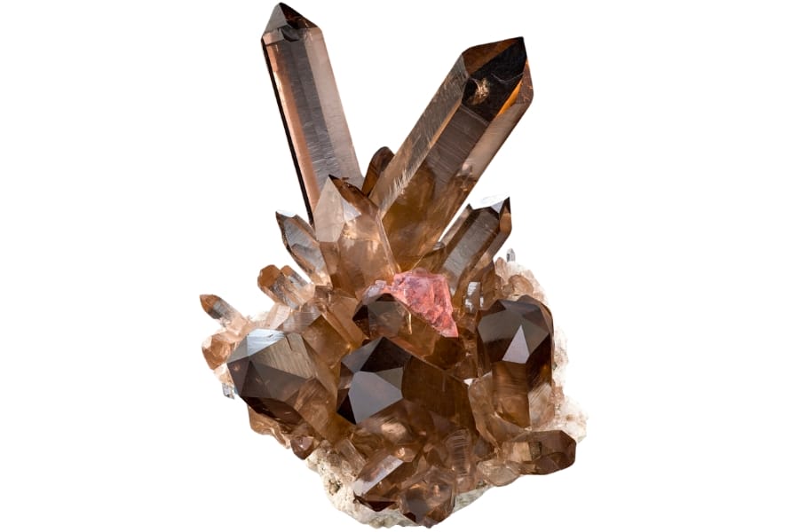 Smoky quartz of exceptional quality with pink fluorite