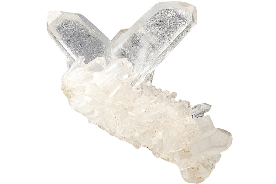 A clear quartz twin quartz crystals on a bed of crystallized quartz