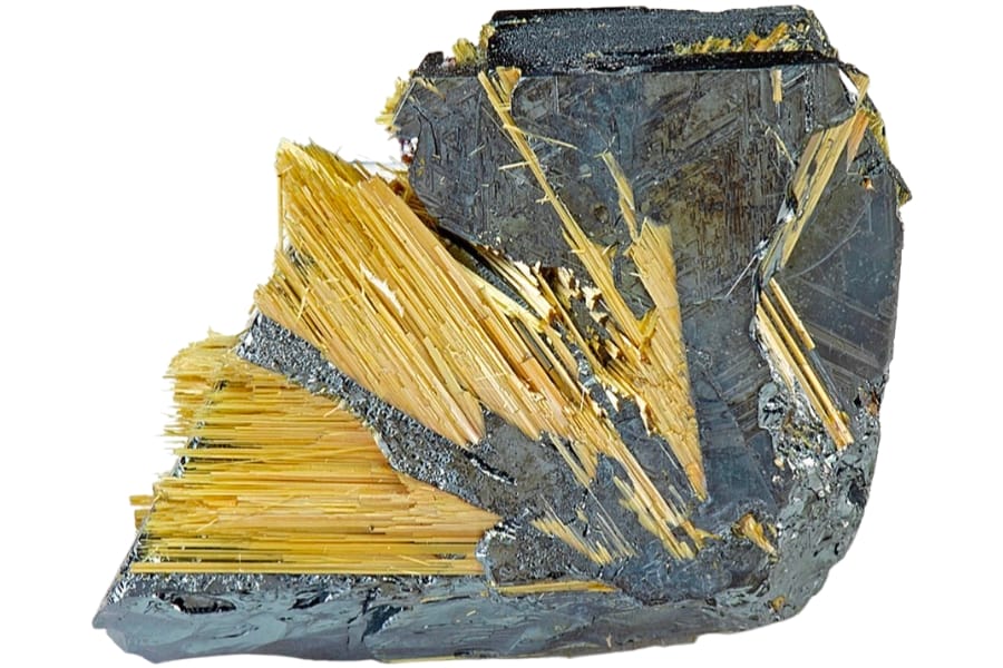 Golden needlelike crystals of rutile on lustrous black hematite