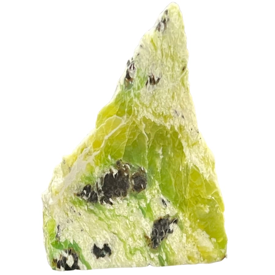 A mesmerizing cone shape of a serpentine mineral with a bright green color.