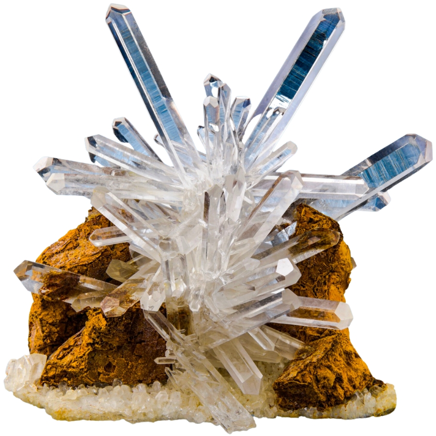 Pristine clear quartz cluster with brown goethite