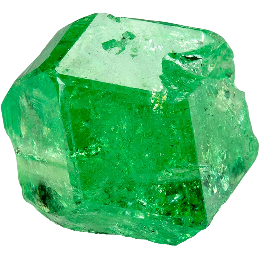 A green tsavorite with very visible cracks and chips within its crystal structure