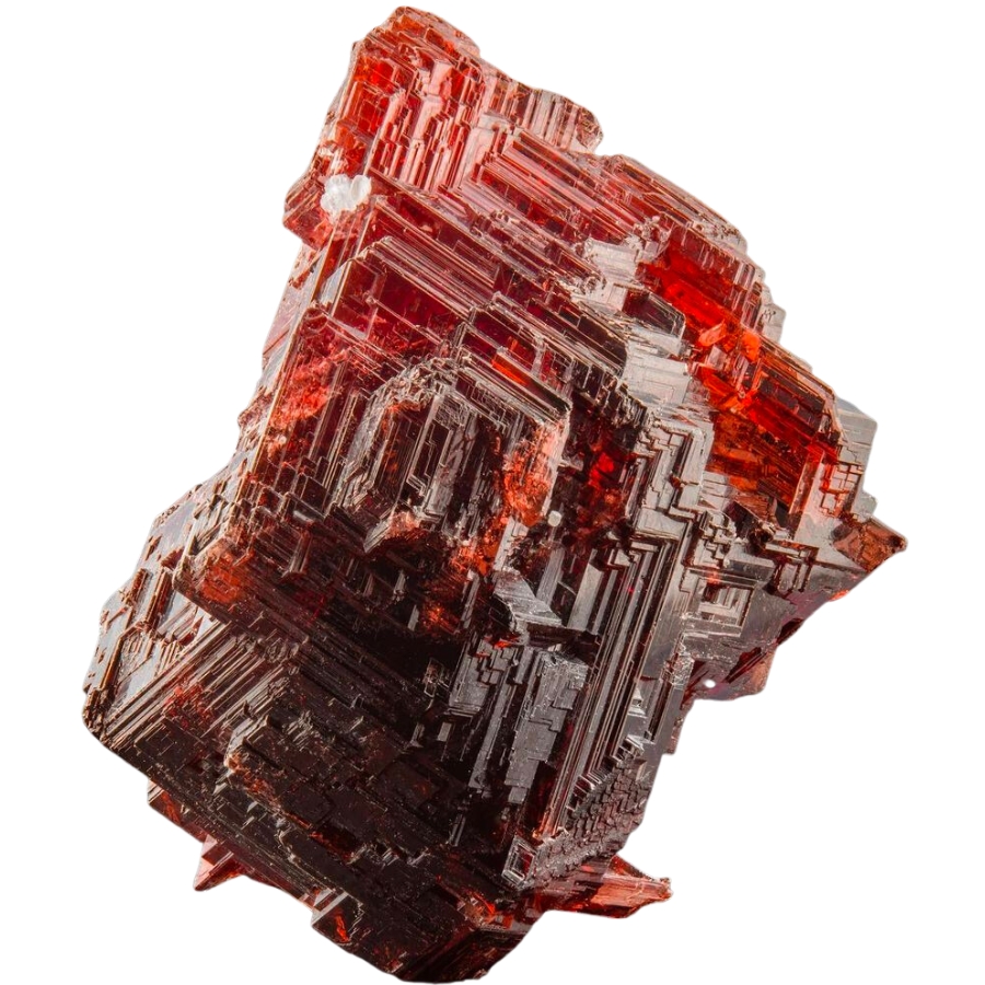 An interestingly-structured deep red spessartine garnet with quartz
