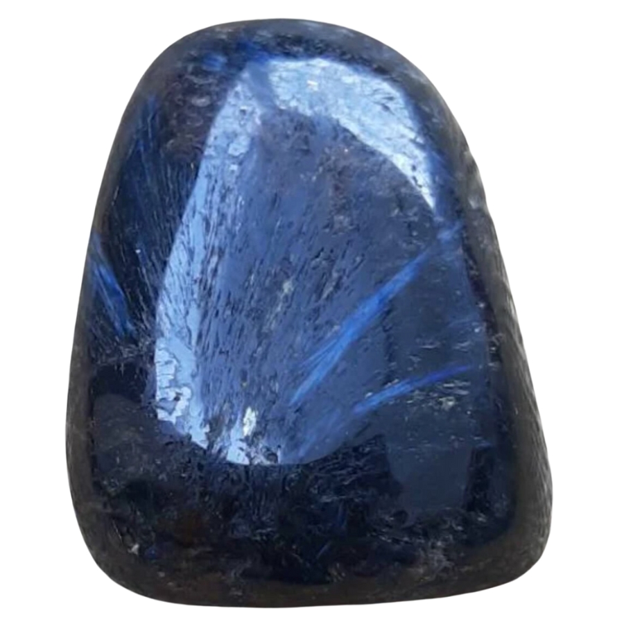 An amazing tumbled astrophyllite specimen with a shiny surface and dark blue hue