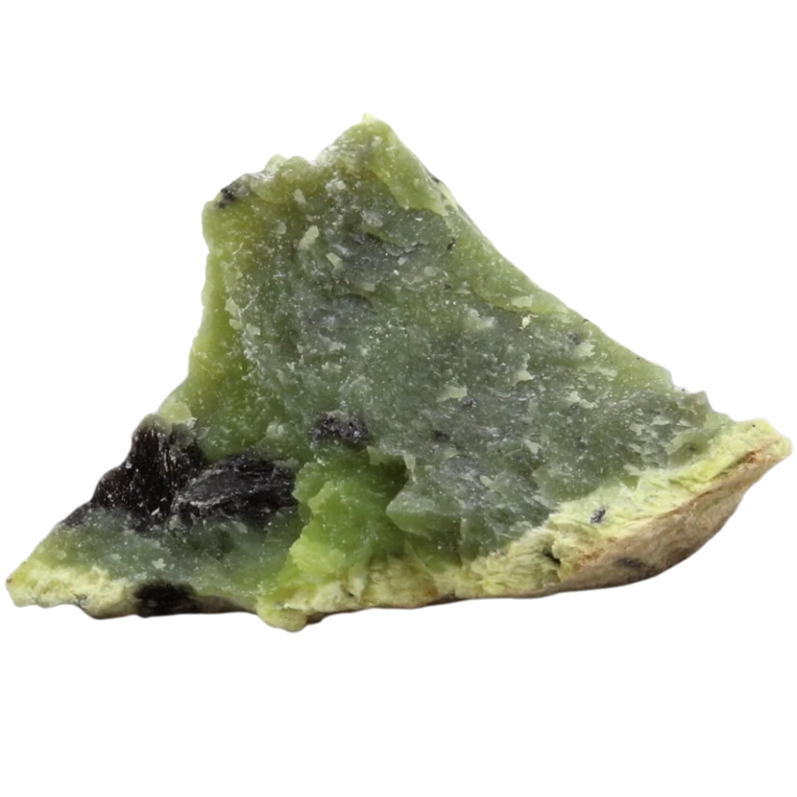 An almost triangular-shaped raw and natural williamsite mineral