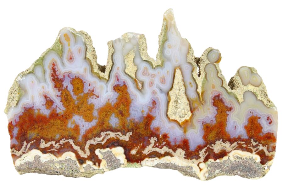 agate slab with white, red, and orange layers
