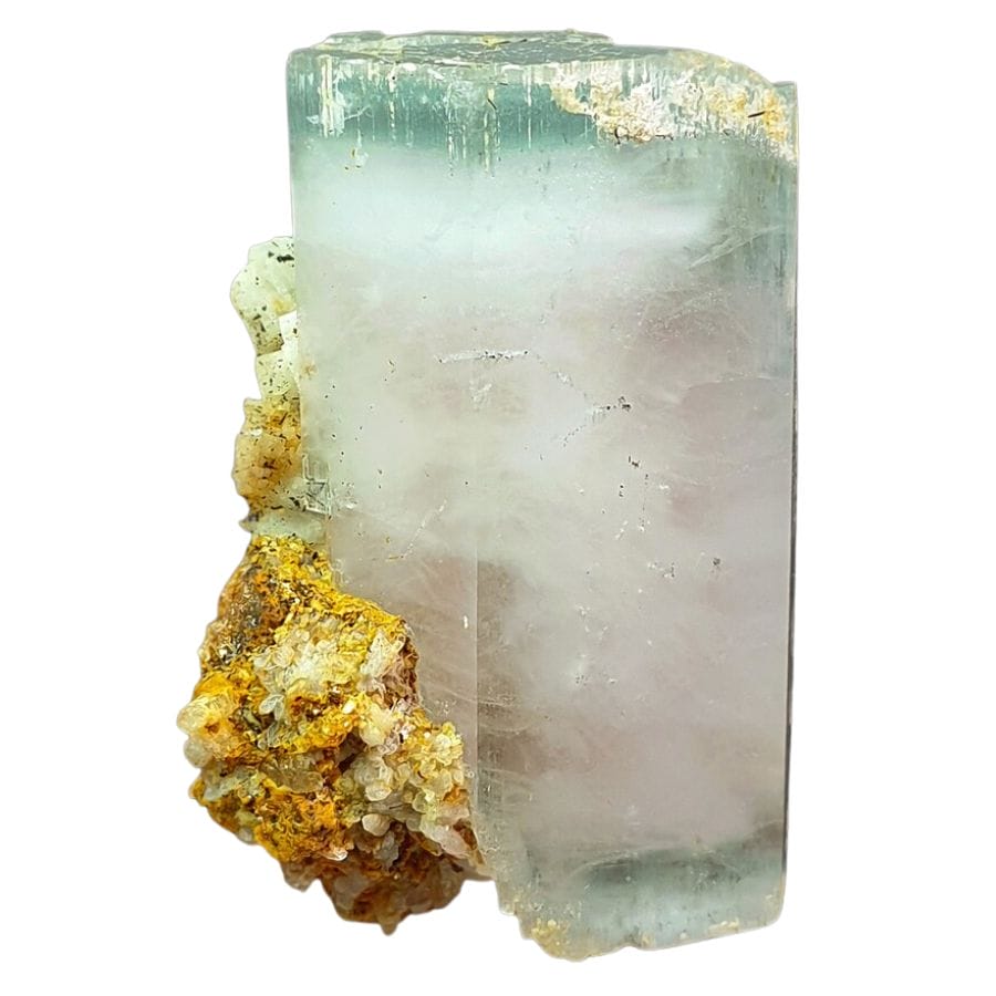 rough beryl crystal; combination of pink morganite and blue-green aquamarine