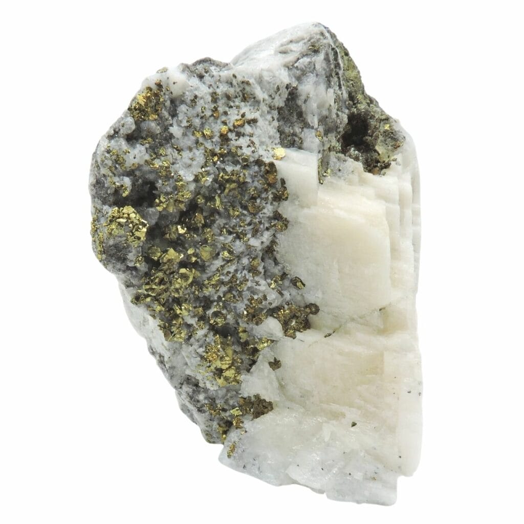 golden chalcopyrite crystals on white calcite crystals