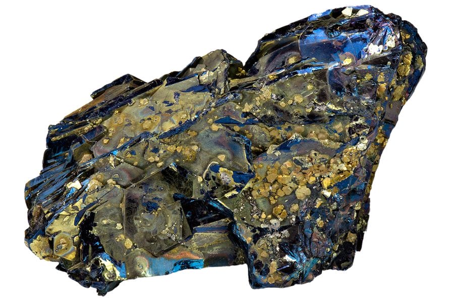 bright blue covellite crystals with metallic gold-colored flecks