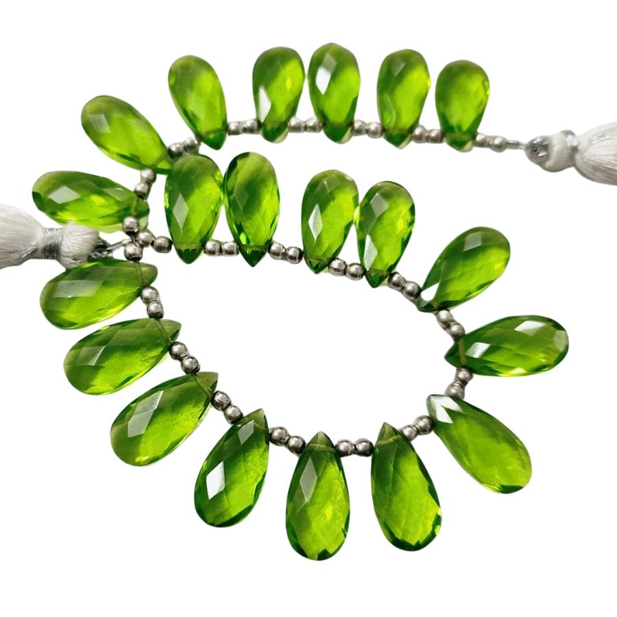 necklace with bright green glass peridot briolette beads