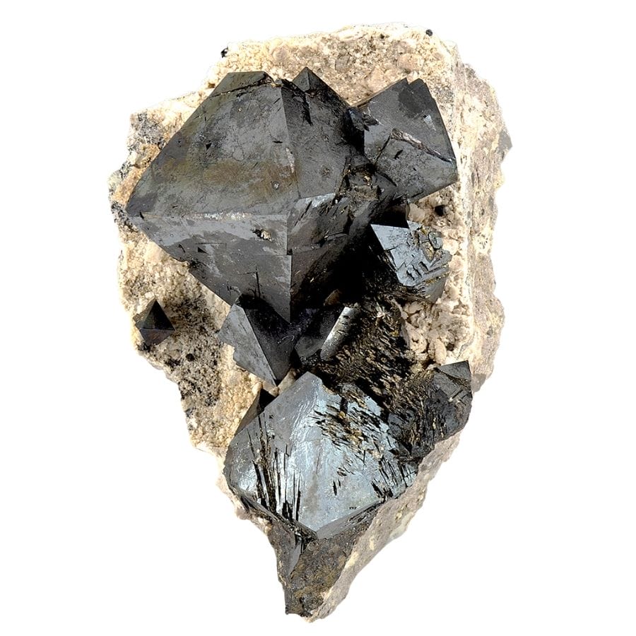 black pyramid-shaped magnetite crystal cluster