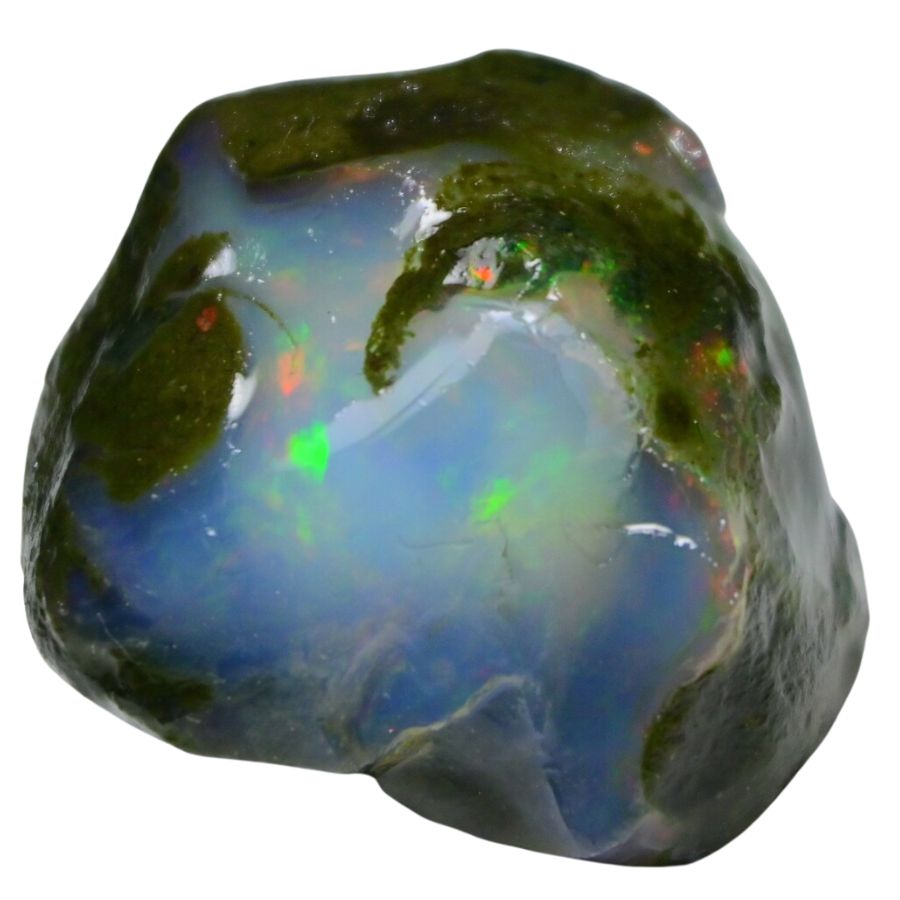 rough bluish opal with orange and green play-of-color