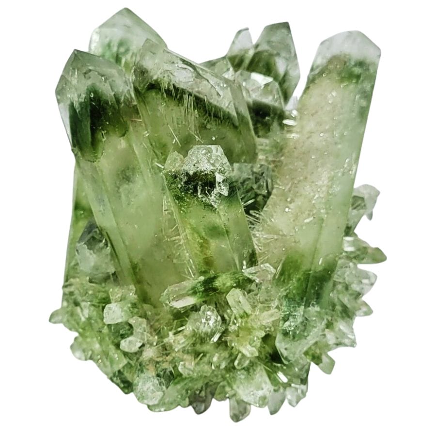 green, translucent, and elongated quartz crystal cluster