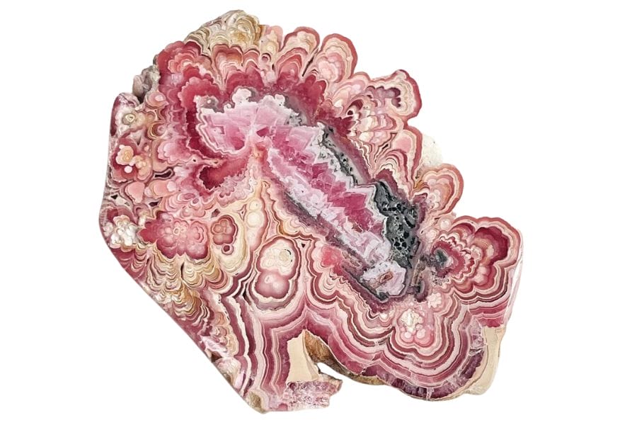 rhodochrosite slab with red, pink, white, and black bands