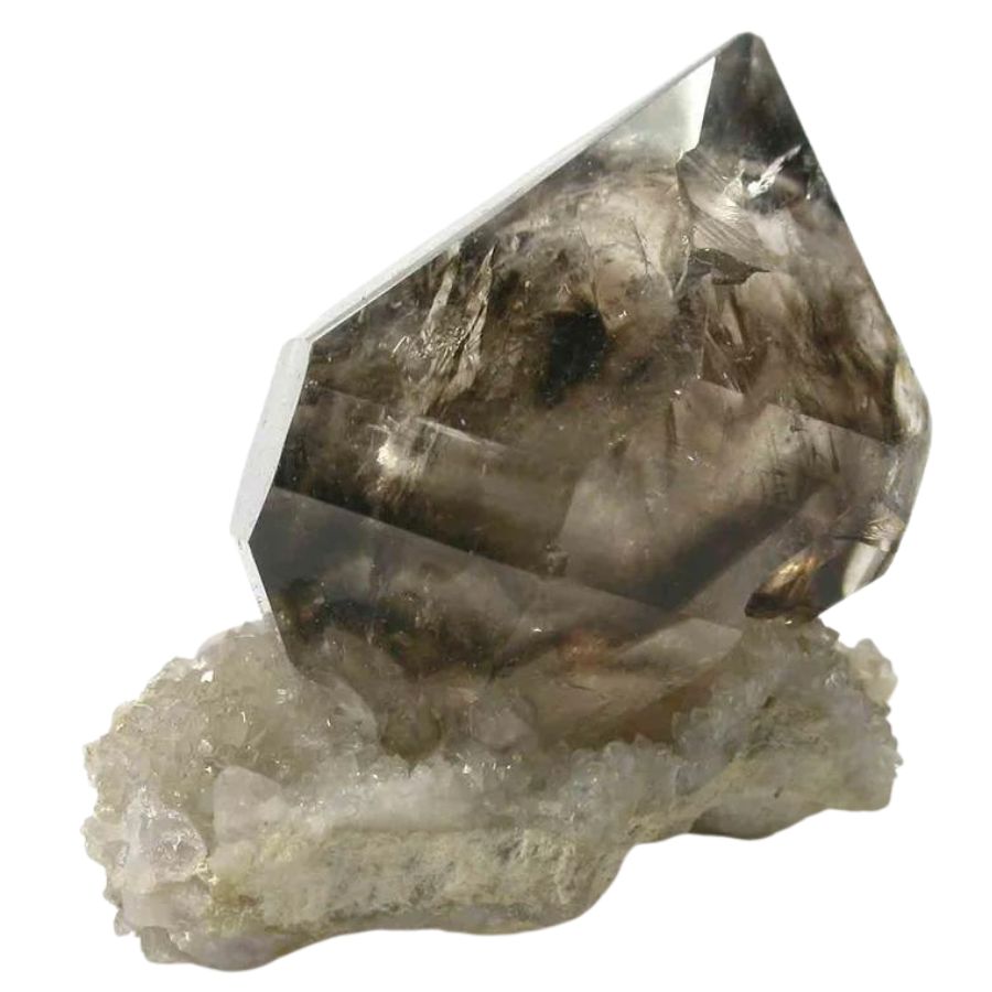 translucent smoky quartz crystal on a white matrix