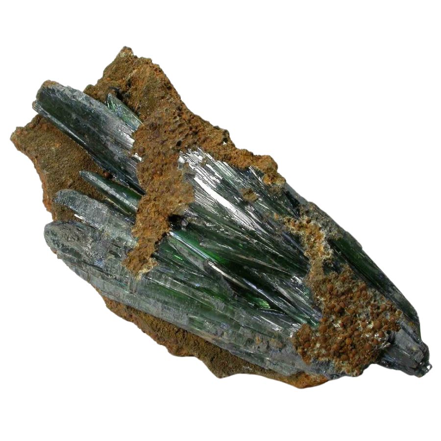 long deep green vivianite crystals embedded in a rock