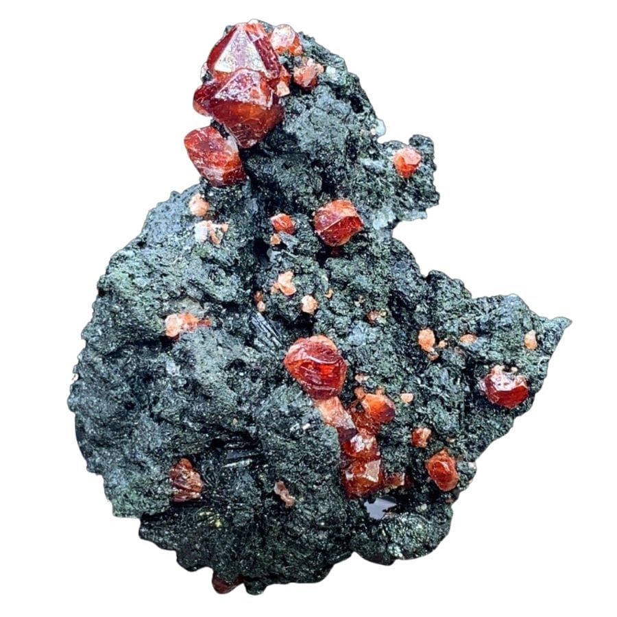 rough red zircon crystals on a rock