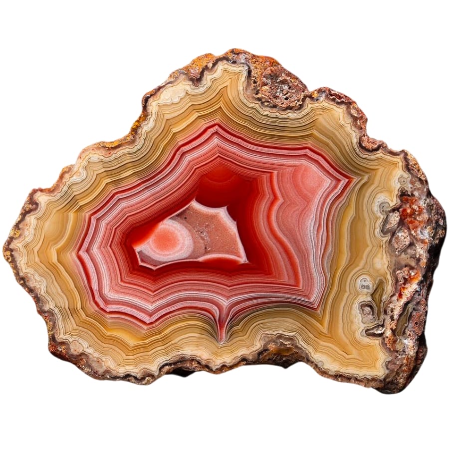 Laguna agate showring extremely thinly-spaced banding in colors or yellow, brown, red, and pink