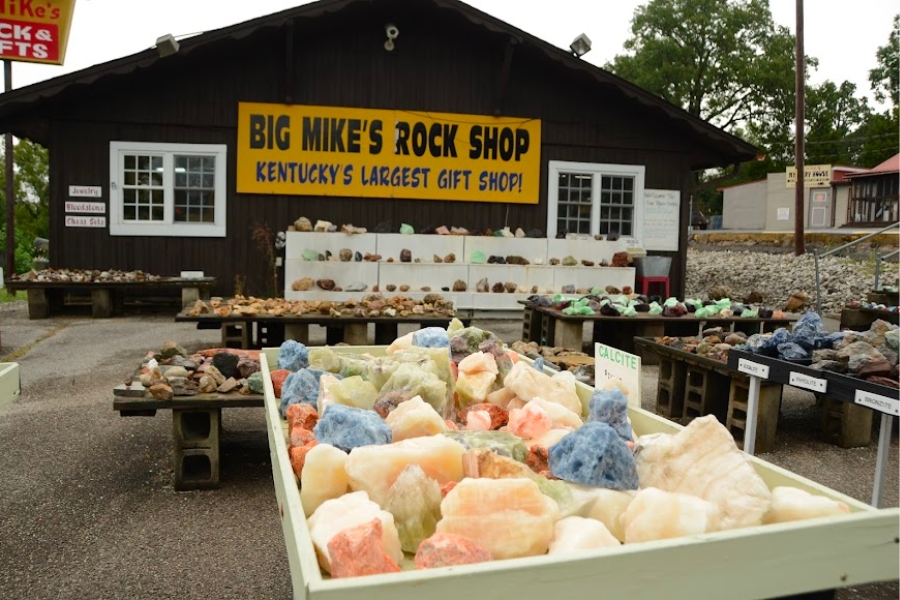 Big Mike's Rock Shop store with some of their available items showcased outside