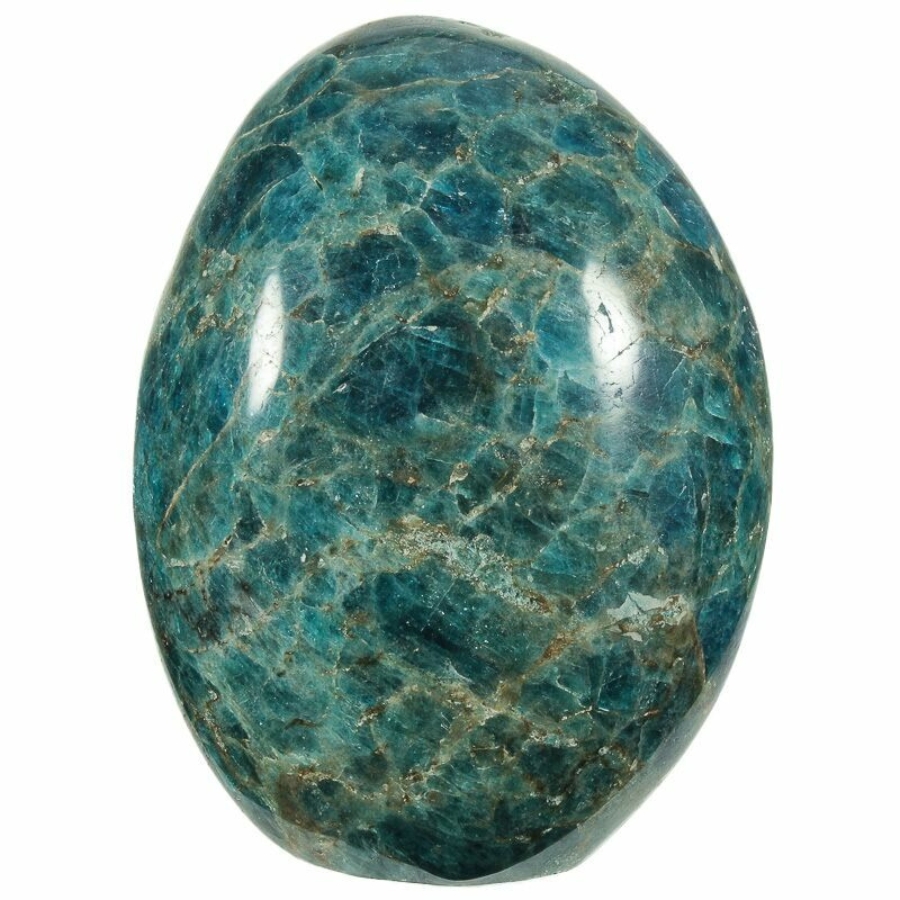 A beautiul egg-shaped tumbled blue apatite with a gorgeous surface pattern