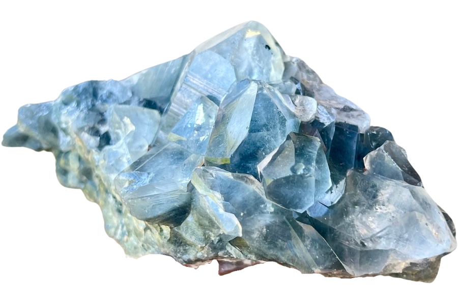 A cluster of blue tara quartz with visible blue riebeckite inclusions