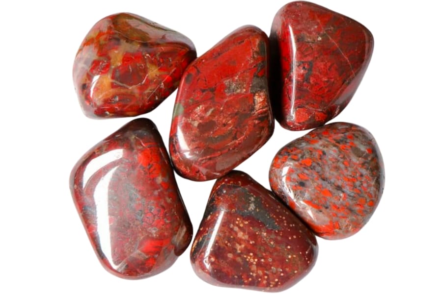 Six pieces of tumbled brecciated jaspers predominantly red in color