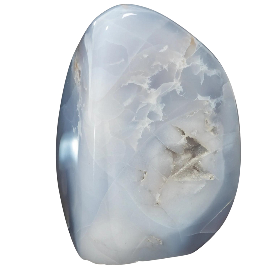 A mesmerizing polished chalcedony crystal with a light blue hue