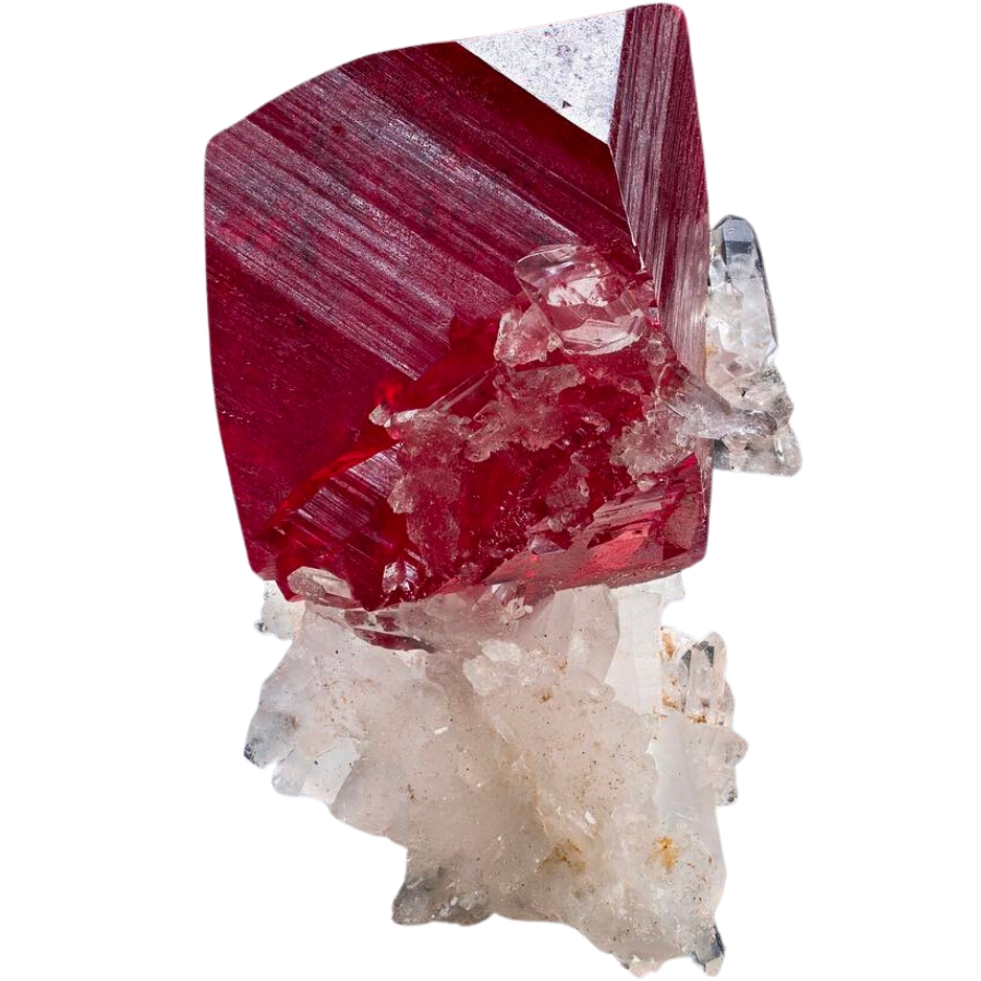 Deep red cinnabar crystal on white quartz