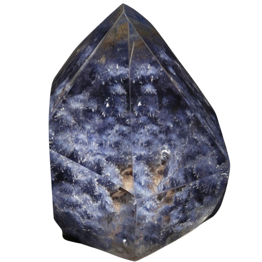 A majestic dumortierite crystal with snowflake-like crystals inside