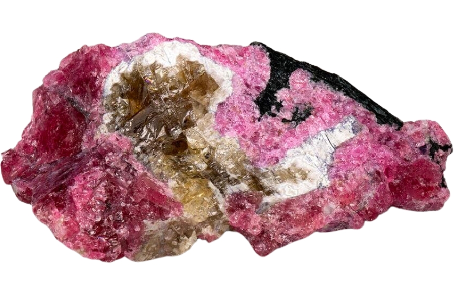 A gorgeous eudialyte with black, brown, and white patches