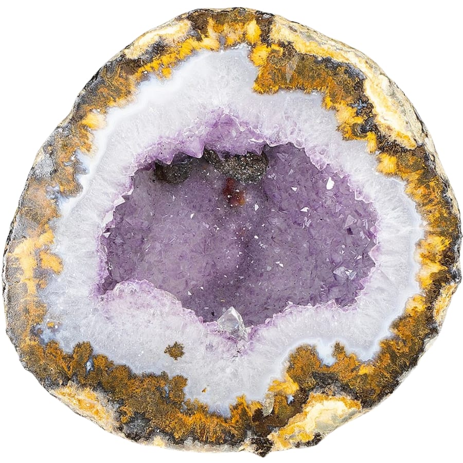 An open geode showing purple crystals of amethyst and brown crystalized calcite