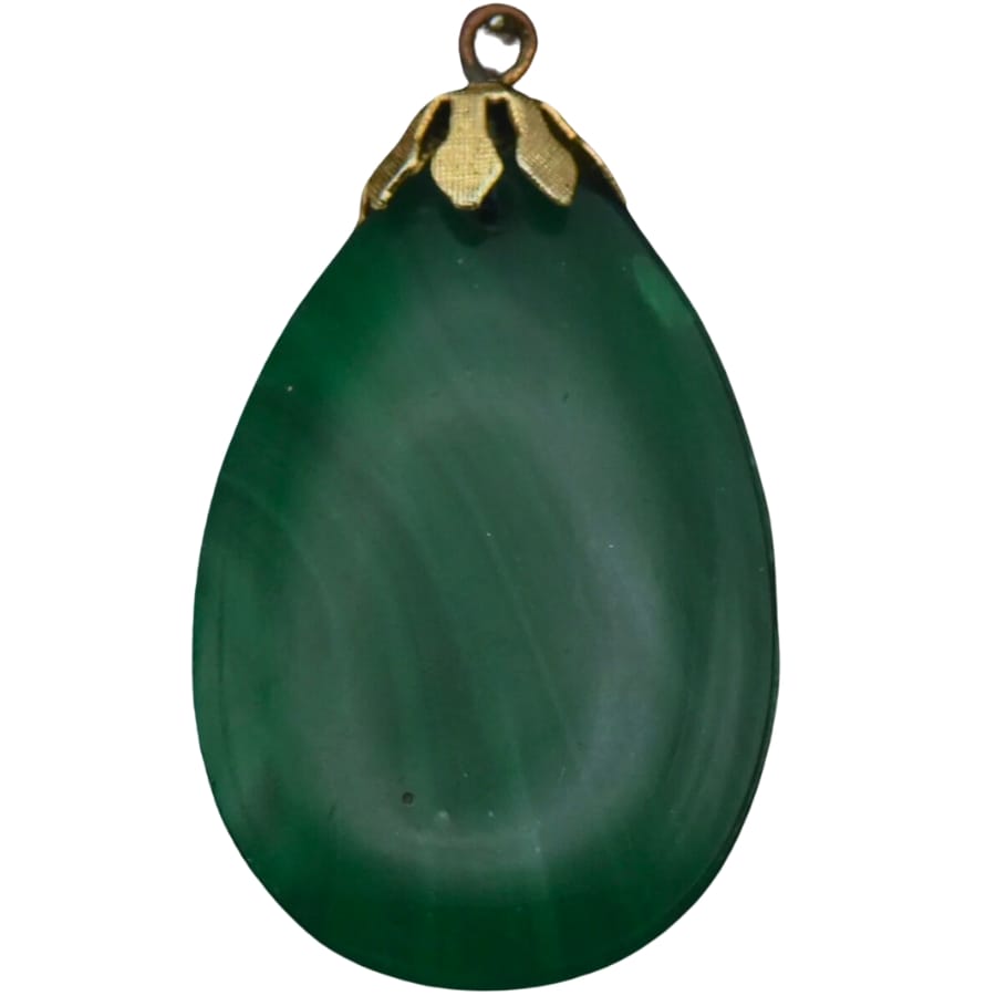 A pendant made out of green glass shaped and polished to look like an agate