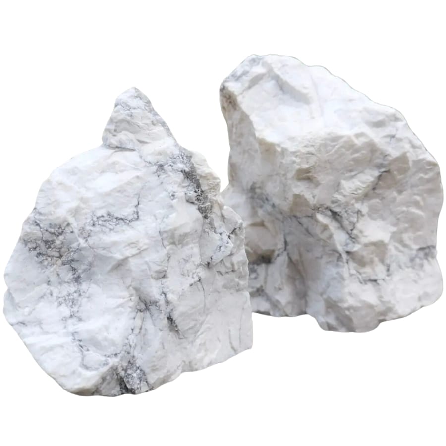 Two raw howlite specimens with visible gray veining