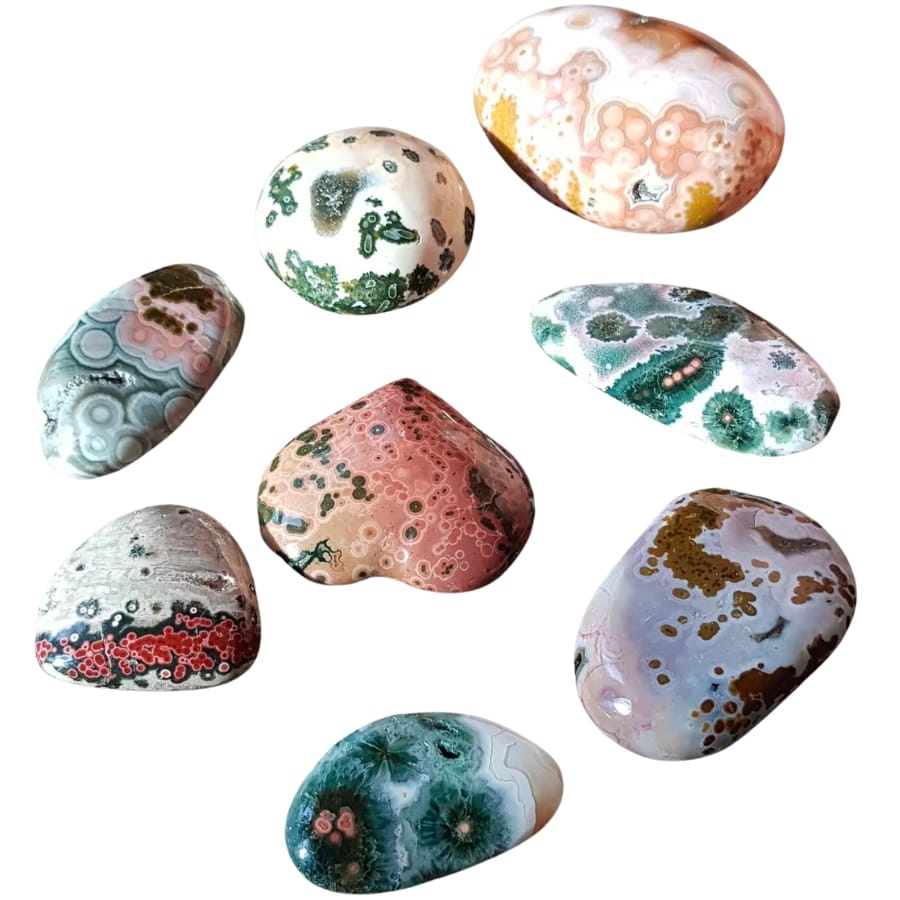 Tumbled specimens of ocean jasper in different colors and patterns