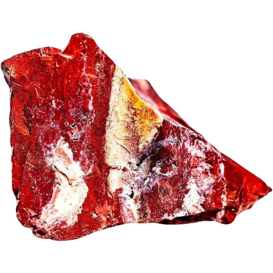 A raw red brecciated jasper with patterns of white and yellow